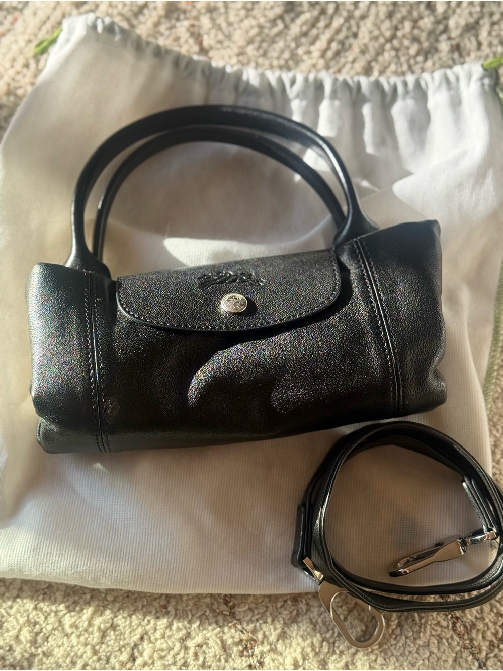 Longchamp Le Pliage Cuir XS Black Leather Discontinued Paris Dust Bag - Picture 2 of 15